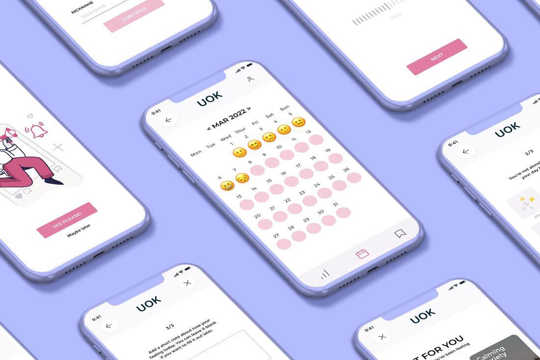 Preview of the UI design for UOK on iPhone mockups