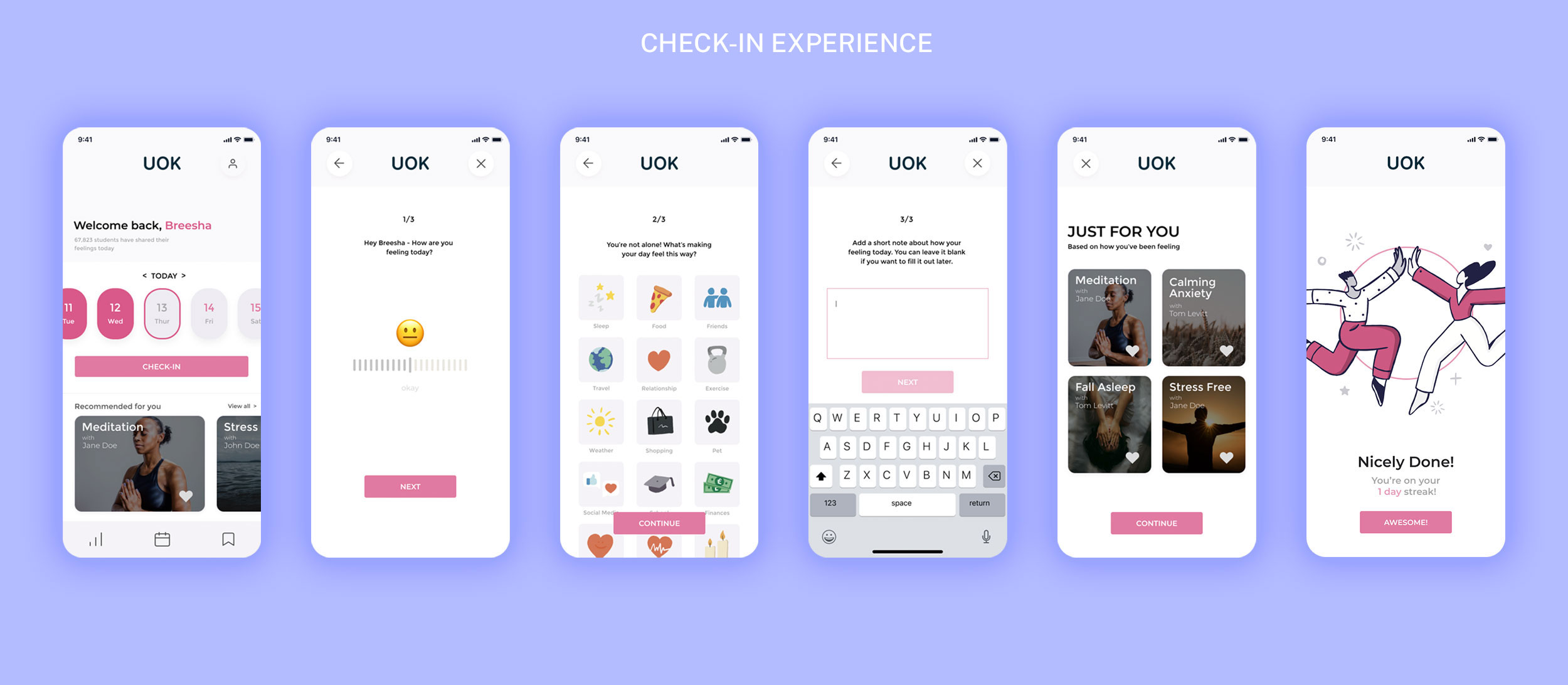 UI designs of the check-in experience for UOK